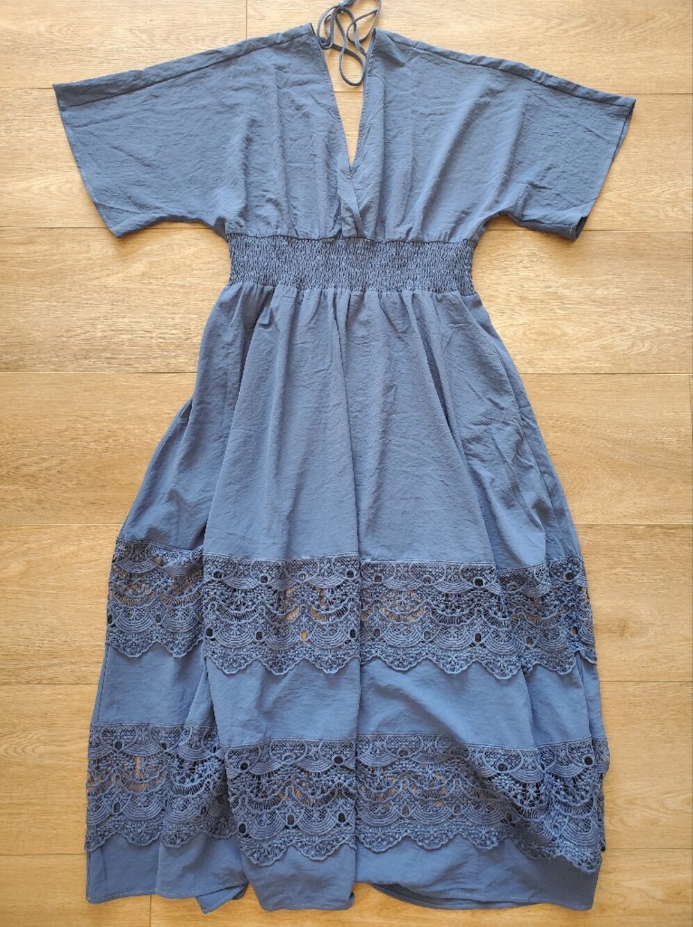 Blue Lace Trim Tiered Smocked Waist Dress, XXL